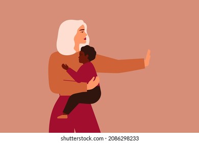 Woman protects her child from any threat. White mother with her black son rejects and raised her hand with a stop sign. Stop violence against children. Vector illustration