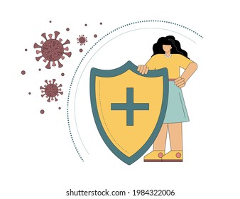 A woman protects herself with a shield from viruses. Protecting life and health from bacteria and viruses. Strong human immune system. Strengthening the immune system. Vector illustration 