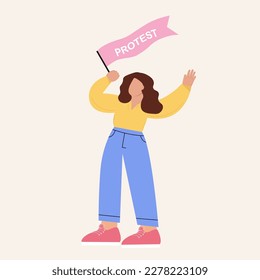 Woman with protest flag. Vector graphics