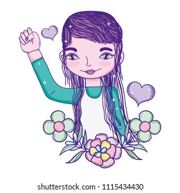 woman with protest hand up and flowers leaves