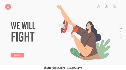Woman Protest Landing Page Template. Female Character Protesting with Loudspeaker on Rally, Strike or Demonstration Against War, Fighting for Human Rights and Peace. Cartoon Vector Illustration