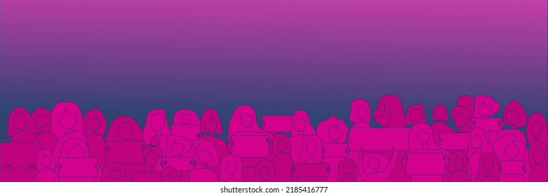 Woman protest and strike, demonstration and revolution concept. Silhouettes of crowd of people with  posters. Political protest in defense of women's rights. Vector in neon colors.