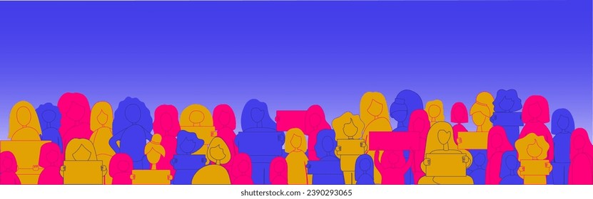 Woman protest and strike, demonstration and revolution concept. Silhouettes of crowd of people. Political protest in defense of women's rights. Vector  colors illustration.  Each person can be edit.