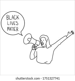 woman protest wearing red cloth holding megaphone yelling black lives matter outline vector illustration 
