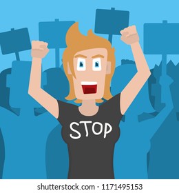 Woman protester and activist wearing a t-shirt that says "STOP". Vector illustration.