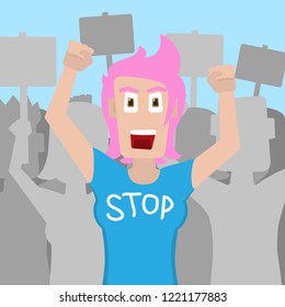 Woman protester and activist wearing a t-shirt that says "STOP". Vector illustration.
