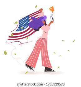woman protester with american flag using smartphone campaign against racial discrimination black lives matter concept social problems of racism full length vector illustration