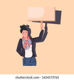woman protester holding blank protest poster girl with vote placard demonstration speech political freedom concept portrait vector illustration