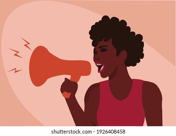 Woman protester with megaphone. BLM.  Vector illustration.