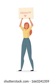 Woman protester with a signs. The concept of a female march for rights displaying a demonstration, revolution, or protest. Interracial and multiracial strike. Vector flat illustration. 