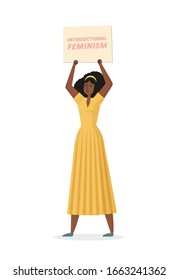 Woman protester with a signs. The concept of a female march for rights displaying a demonstration, revolution, or protest. Interracial and multiracial strike. Vector flat illustration. 