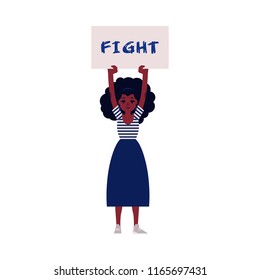 Woman protester vector illustration - young african girl keeping placard with Fight sign up isolated on white background. Fighting for female rights and gender equality concept.