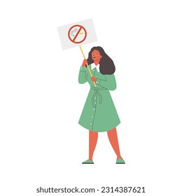 Woman protesting against smoking, flat vector illustration isolated on white background. Person holding banner with cigarette in crossed red circle. Prohibition symbol.
