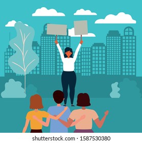 Woman protesting design, Human rights peace freedom international help social law and equality theme Vector illustration