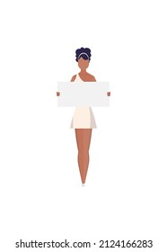 A woman is protesting with an empty transporter in her hands. Flat style. Vector.