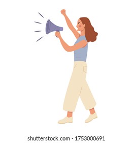 Сaucasian Woman Protesting And Holding Megaphone, Other Hand Fist Raised Up. Black Lives Matter Caption. Manifestation Against Violence, Climate Change, Environment Issues Or Feminism. Vector Flat. 