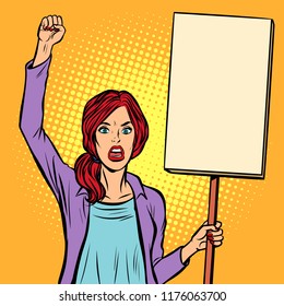 Woman protesting with a poster. Political activist at the rally. Pop art retro vector illustration vintage kitsch