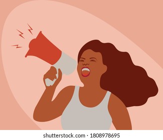 Woman Protesting. 
Raising Voice With Megaphone. Vector Illustration. 