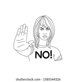 Woman protests against violence and racial discrimination. For the rights of women. Hand gesture and NO on her t-shirt crimes against women. No, that means no idea, stop here. Vector banner and poster