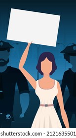 A woman protests with a banner against the backdrop of the city. The concept of expressing thoughts, dissatisfaction and protests. Vector illustration.