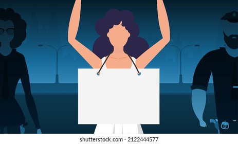 A woman protests with a banner against the backdrop of the city. The concept of expressing thoughts, dissatisfaction and protests. Vector illustration.