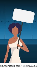 A woman protests with a banner against the backdrop of the city. The concept of expressing thoughts, dissatisfaction and protests. Vector illustration.