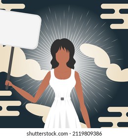 A woman protests with a banner. Chinese style banner. Protest concept. Vector.