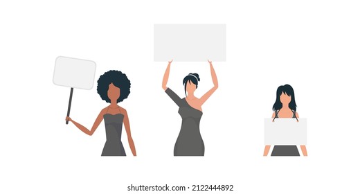 A woman protests with a banner. The concept of expressing thoughts, dissatisfaction and protests. Set for banners and designs. Vector illustration.