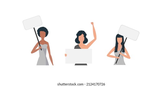 A woman protests with a banner. Protest concept. Set for banners and designs. Vector illustration.