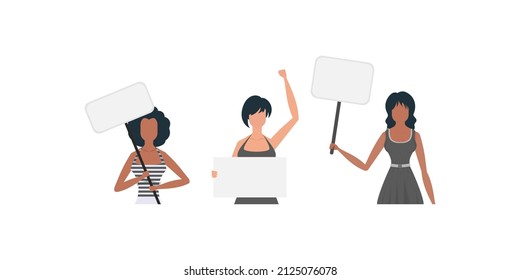 A woman protests with a banner. Protest concept. Set for banners and designs. Vector.