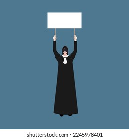 Woman protests with banner. Vector illustration A woman is fighting for her rights.