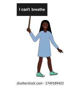 Woman protests discrimination. No racism. Black lives matter. I can't breathe. Dark-skinned woman protests