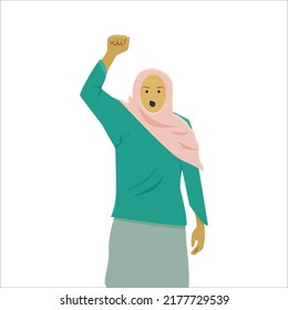 the woman protests with her hand up clenched into a fist