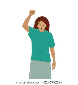 the woman protests with her hand raised up and clenched into a fist