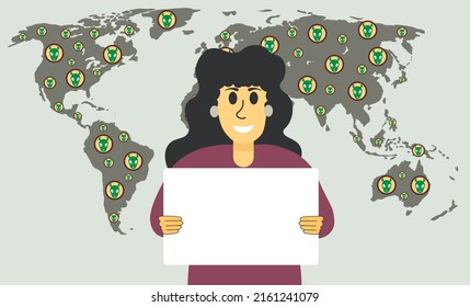 Woman protests with a white placard against the background of a world map with places of appearance of aliens and ufos. Banner aliens are already on our earth. UFO day. Aliens on the planet earth.