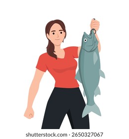 Woman Proudly Holding a Big Catch. Flat vector illustration isolated on white background