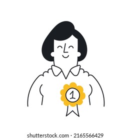 Woman proudly wearing an award on her chest. Outline, linear, thin line, doodle art. Simple style with editable stroke.