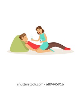 Woman providing first aid to a lying unconscious man vector Illustration