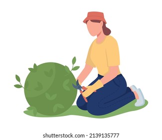 Matorral de poda de una mujer con carácter vector de color semisplano de jardín. Sentado. Persona de cuerpo entero sobre blanco. Conservación de ilustraciones de estilo de caricatura simple de jardín para diseño gráfico web y animación