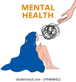 Woman with psychlogical problems in depression lying hugging knees with blue hair. Hand helps sad girl, mental health psychological help concept banner. Vector illustration flat