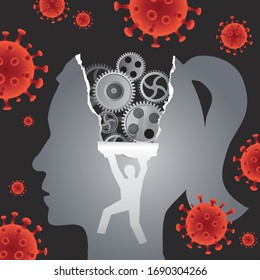 Woman psychological examination, depression during coronavirus pandemic.
Female stylized head in profile with gear and male silhouette ripping paper background with coronavirus sign. Vector available.