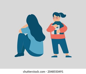 Woman with psychological problems doesn't pay attention to her child. Little daughter holds a little home and asks for love. Negative parenting, child abuse of neglect, mental health disorders concept