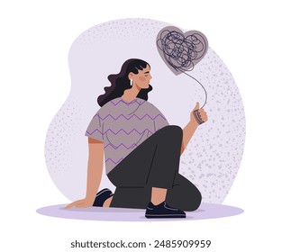 Woman with psychological problems. Sad young girl sitting. Negative feelings and emotions. Depression and frustration. Person with inner psychological pain. Cartoon vector illustration