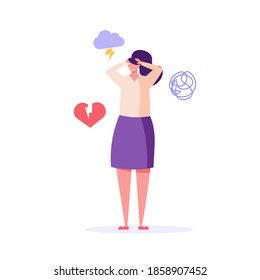 Woman with psychological problems tries to help himself. Concept of psychotherapy session, psychological consultation and abstract problems concept. Vector illustration in cartoon design
