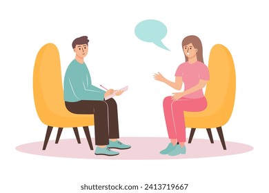 Woman at psychologist appointment talks about her problems. Male psychotherapist sitting in front of the patient, listening to him and making notes. Psychological help, consultation
