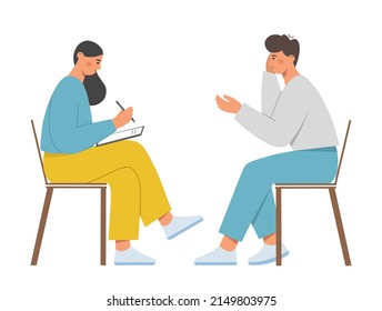 Woman psychologist conducts a session with a client. She takes notes and listens to the patient. Psychotherapeutic consultation. Mental health and wellness concept. Flat vector illustration.