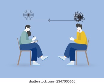 Woman psychologist conducts a session with a client. She takes notes and listens to the patient. Psychotherapeutic consultation. Mental health and wellness concept. Flat vector illustration.