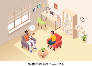 Woman at psychologist counseling, people psychology therapy and psychotherapy session, vector isometric design. Psychologist counselor and woman patient in couch asking on life problems