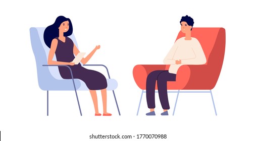 Woman psychologist. Couple talking, flat man woman sitting on chairs. Psychotherapy session or psychological consultation. Sad frustrated guy vector character