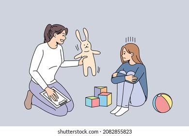 Woman psychologist help teen girl child feeling depressed of school bullying. Female counsellor give toy talk with stressed kid struggle with depression or mental problems. Vector illustration. 